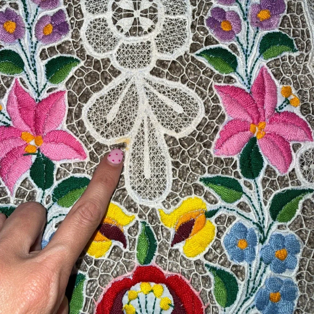 Vintage Kalocsa Floral Table Runner Hand Embroidered Hungarian Folk Art Lace